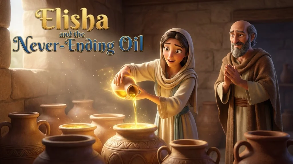 A widow pouring miraculous oil into many jars, 3D Pixar-style biblical story.