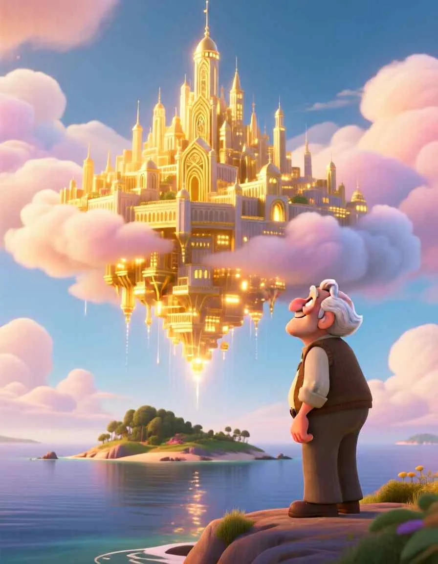 Cinematic 3D scene of a magnificent golden city with pearly gates floating down through colorful clouds.
