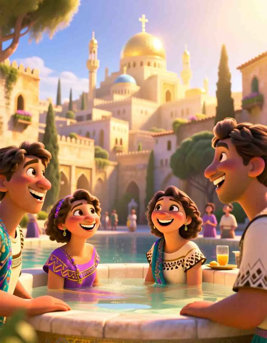 Heartwarming 3D illustration of a beautiful, sun-drenched landscape filled with happy people and golden light.