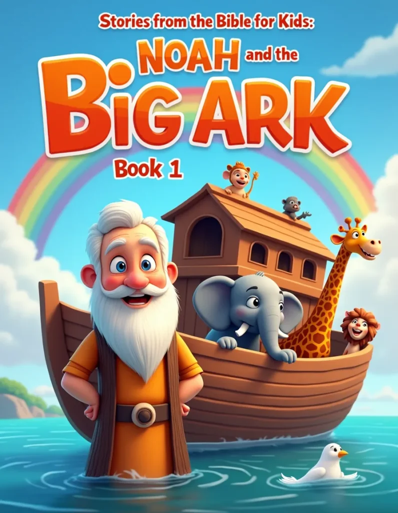A vibrant 3D Pixar-style book cover for "Noah and the Big Ark," featuring Noah, a wooden ark, and happy animals under a bright rainbow.