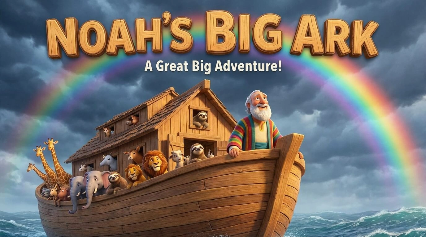 3D Pixar-style illustration of Noah on the Ark with a rainbow and stormy sea.