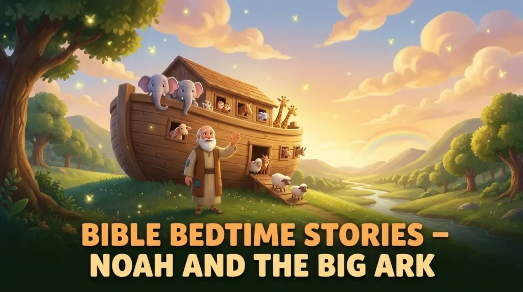 Noah standing on his massive wooden ark under a soft sunset rainbow in 3D.