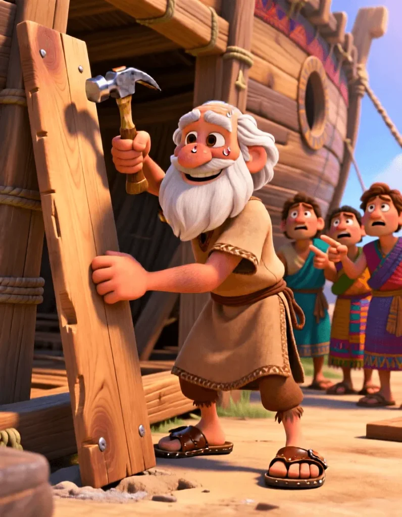 3D illustration of Noah hammering wood for the ark while people laugh in the background.