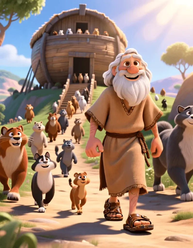 3D cinematic scene of Noah leading a long line of diverse animals into the wooden ark