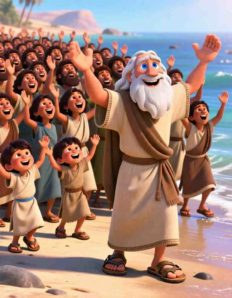 Moses and the Red Sea Joyful 3D illustration of people celebrating on the shore after successfully crossing the Red Sea.