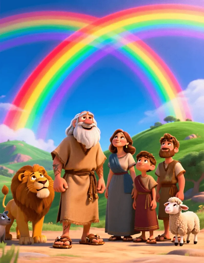 3D Pixar-style scene of Noah’s family and animals standing under a brilliant double rainbow
