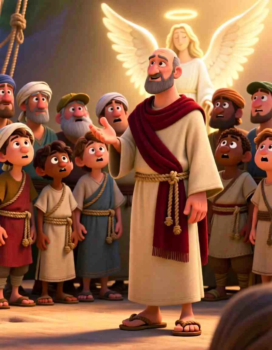 Cinematic 3D scene of a man in chains standing bravely on a deck, talking to a group of worried sailors.