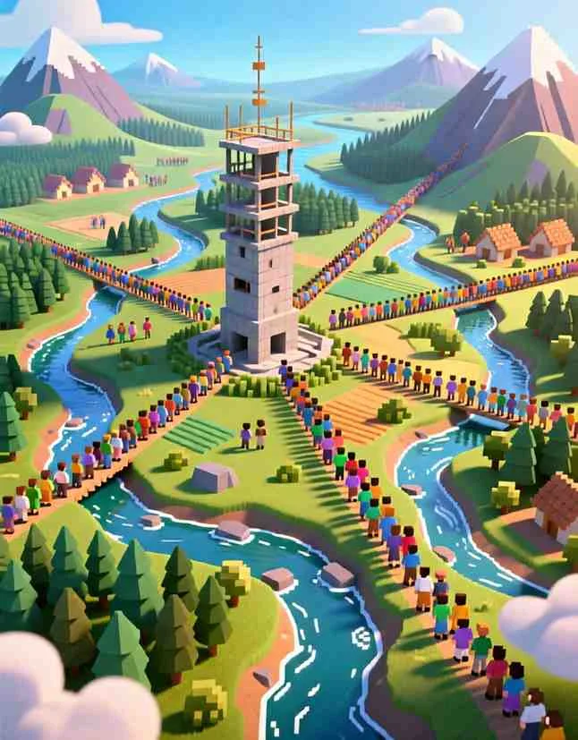 Heartwarming 3D illustration of different groups of people traveling to find new homes in faraway lands.
