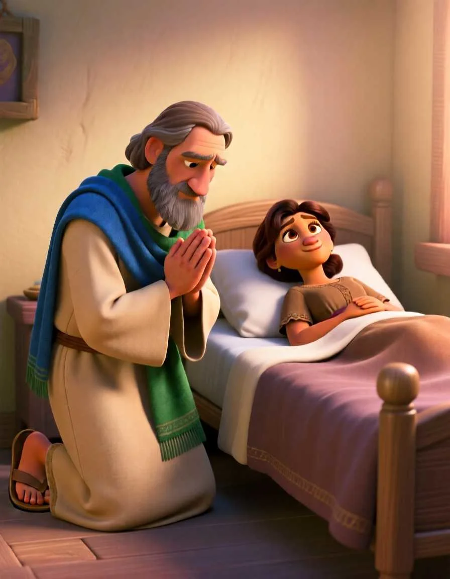 Cinematic 3D scene of a man kneeling in prayer in a quiet, sunlit room.
