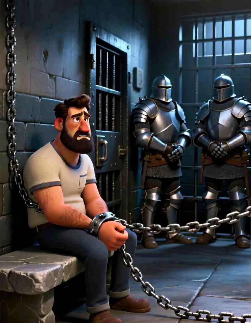3D cartoon illustration of a man with chains on his wrists sitting between two sleeping guards in a stone cell.