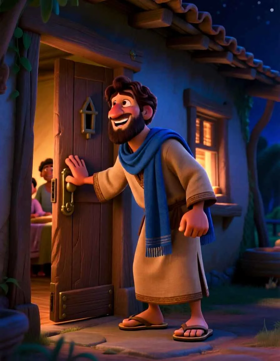 Heartwarming 3D illustration of a group of people looking amazed as they open a wooden door to find their friend.