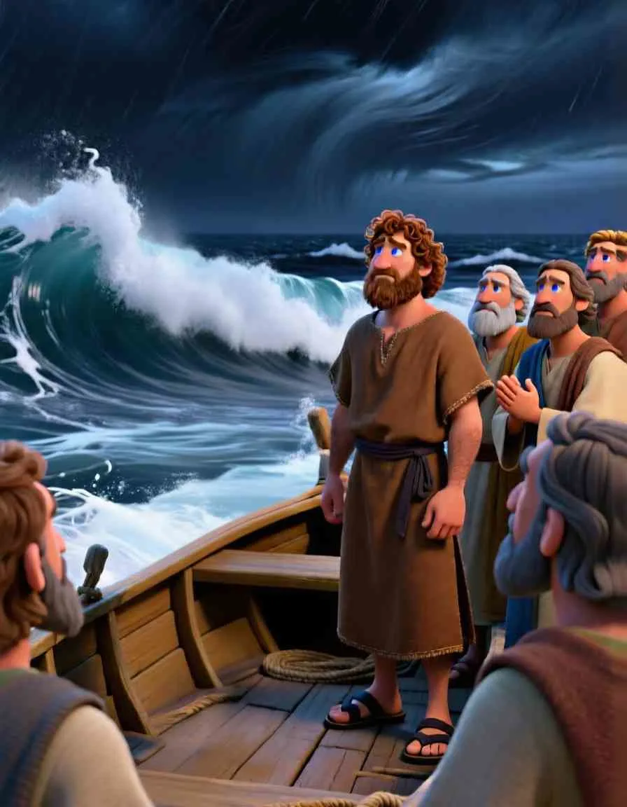 Cinematic 3D scene of Peter carefully stepping out of a boat to walk on water toward Jesus.