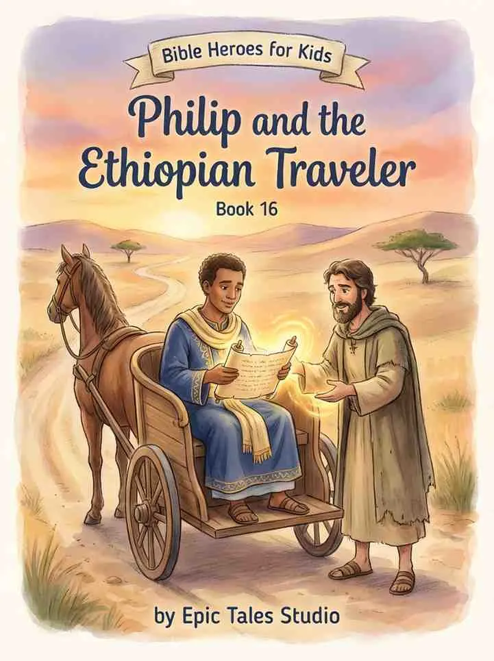 Front cover of the children's book featuring cinematic 3D art of two men reading a scroll in a chariot.