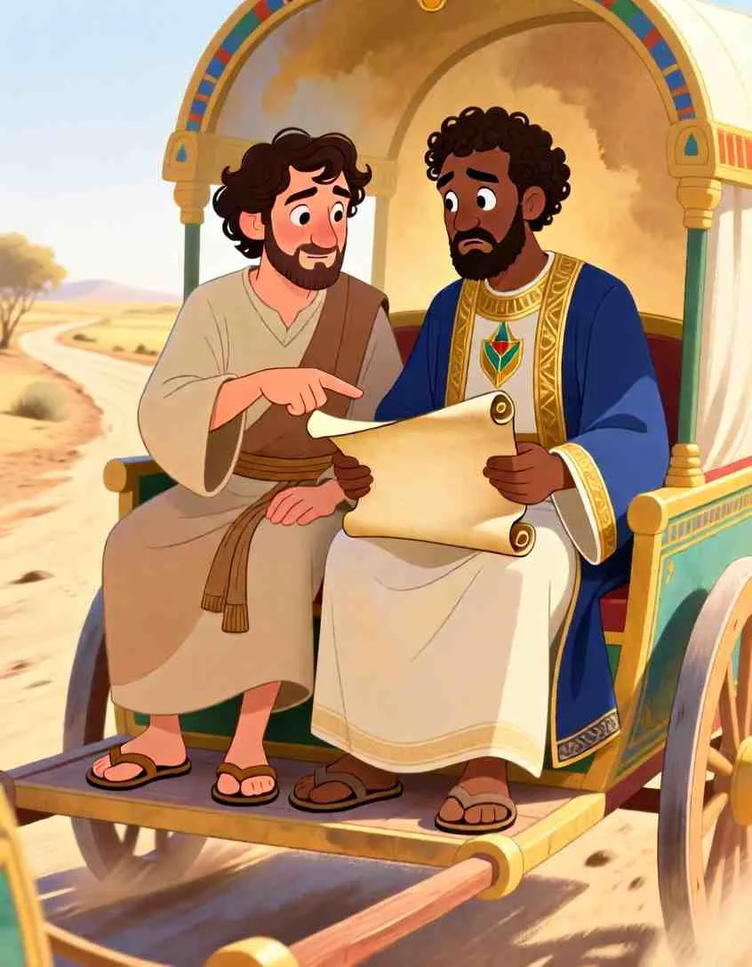 Cinematic 3D scene of two men sitting together in a grand chariot, looking intently at an ancient scroll.
