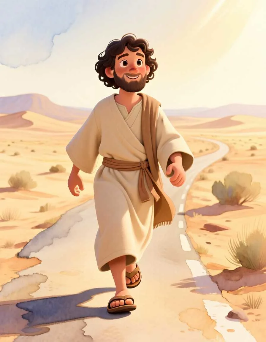 3D cartoon illustration of a kind man walking alone on a peaceful, sunlit desert path.