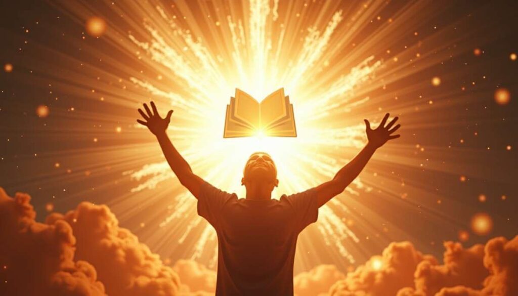 A silhouette of a person with hands raised in worship against a brilliant, radiating light.