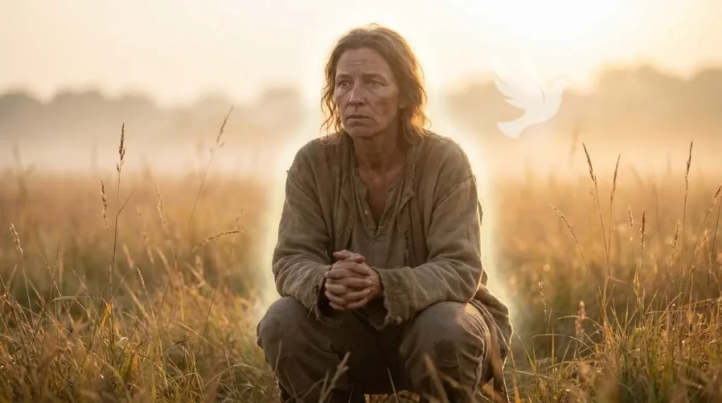 A contemplative figure in a soft, misty field representing a prayer for healing silent wounds.