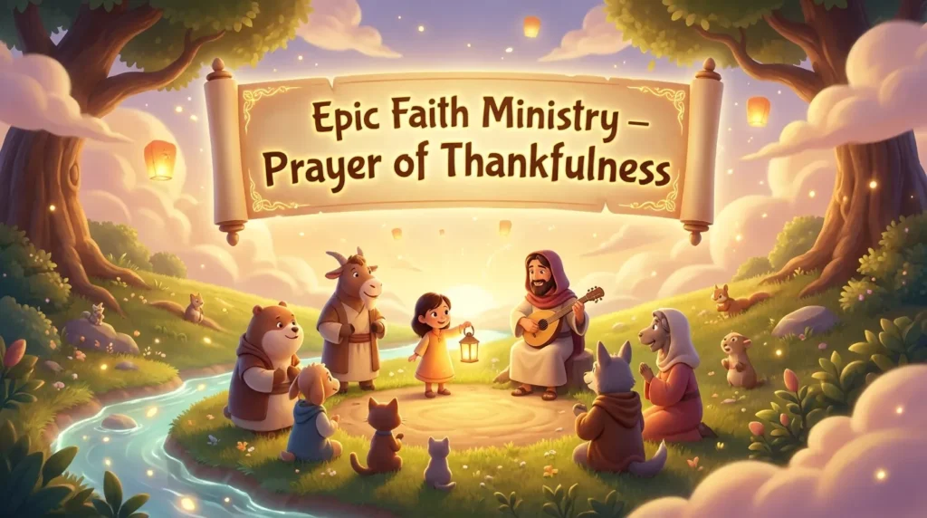 A warm, glowing 3D scene of a family gathered in gratitude.