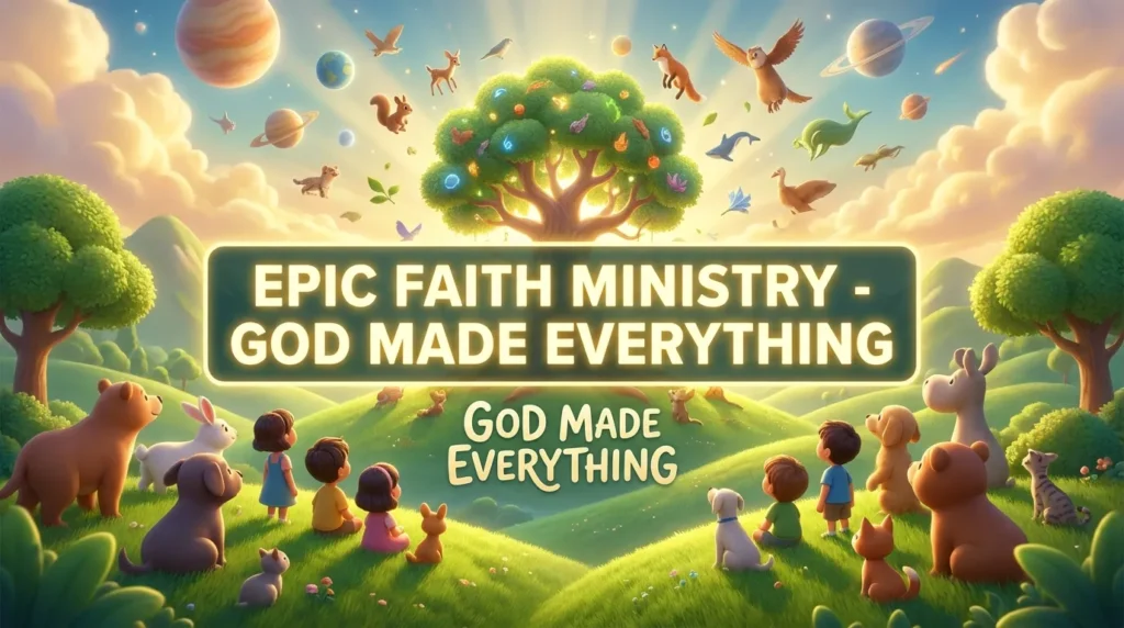 A beautiful 3D Pixar-style scene of a child's footsteps following the glowing path of Jesus in a peaceful forest.