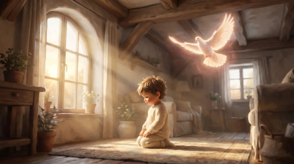 A serene 16:9 3D illustration of a child praying at sunrise with a glowing dove symbol, representing morning and evening prayer videos.