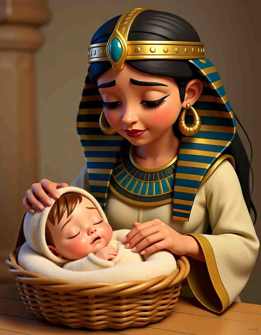 Cinematic 3D scene of an Egyptian princess and her servants looking kindly at a baby in a basket.