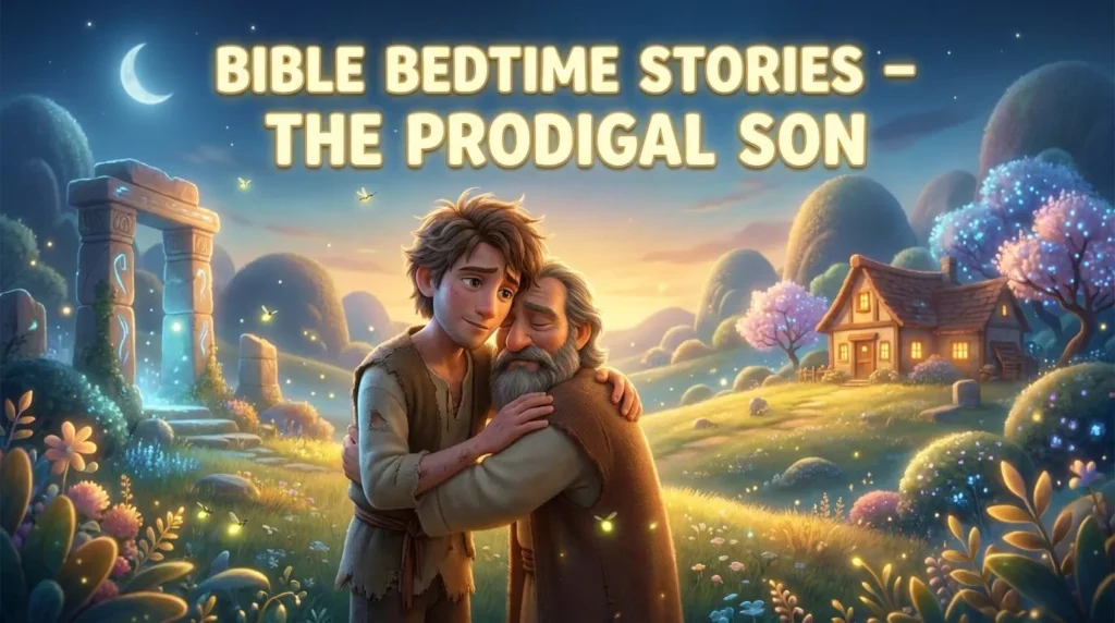 A touching 3D scene of a father hugging his returning son in a warm, rustic setting.