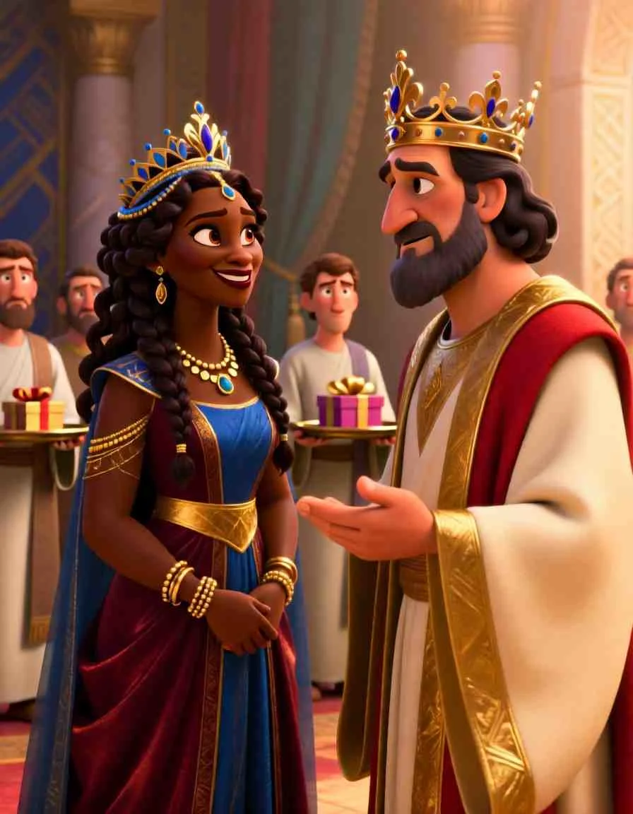 Cinematic 3D scene of a queen in royal robes speaking to a wise king in a grand, sunlit palace hall.