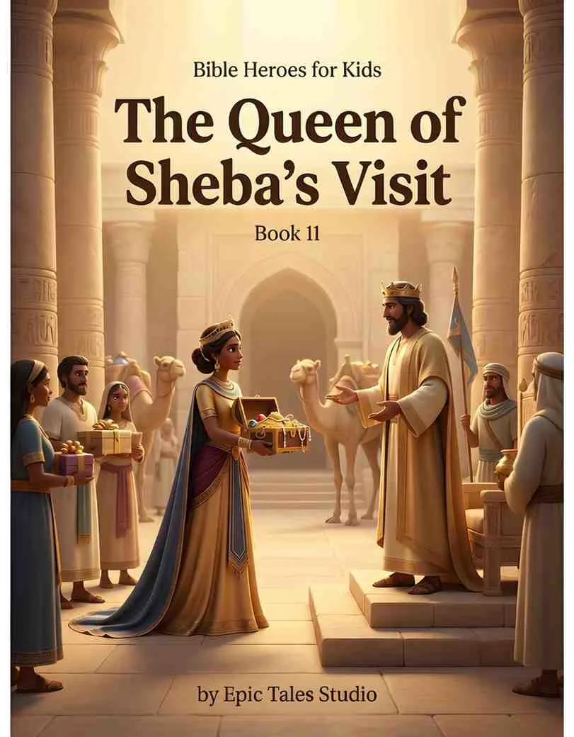 Front cover of the children's book featuring cinematic 3D art of a queen and a royal caravan.