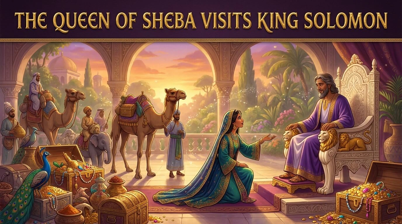 Queen of Sheba presenting gifts to King Solomon on his throne, 3D cinematic style.