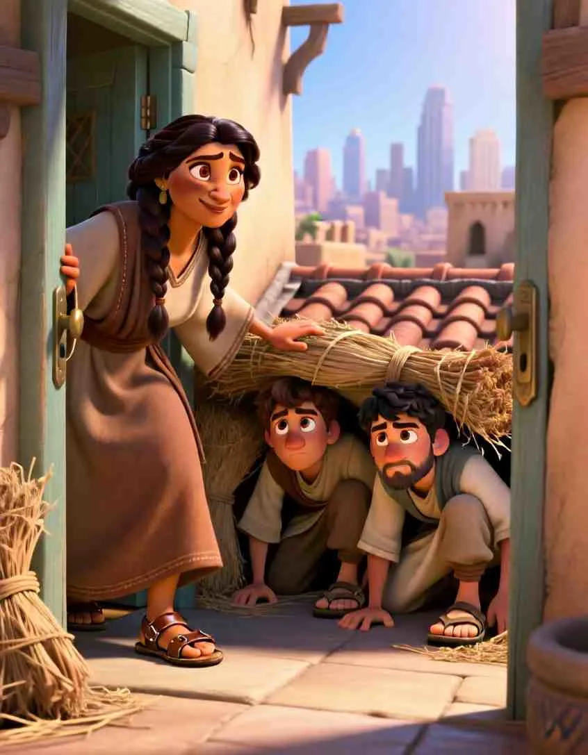 Cinematic 3D scene of a woman hiding two men under bundles of plants on a flat rooftop near a city wall.