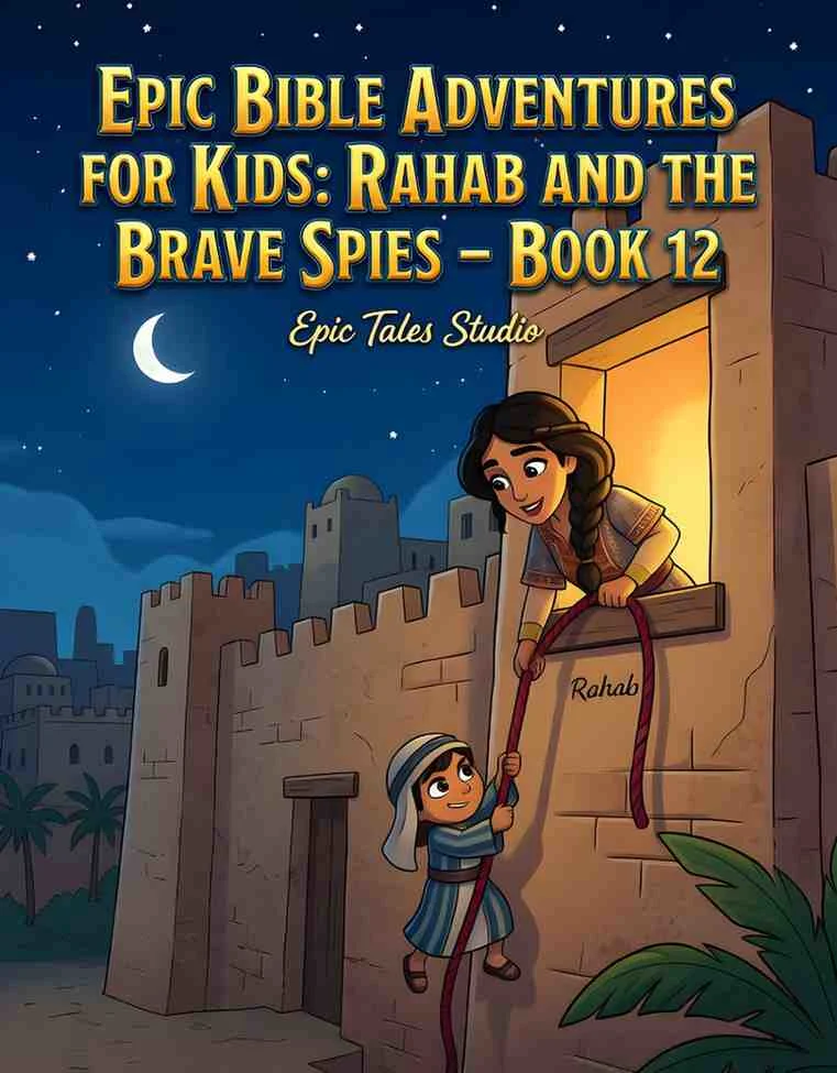 Front cover of Rahab and the Brave Spies children's book featuring cinematic 3D art of a woman and two men.