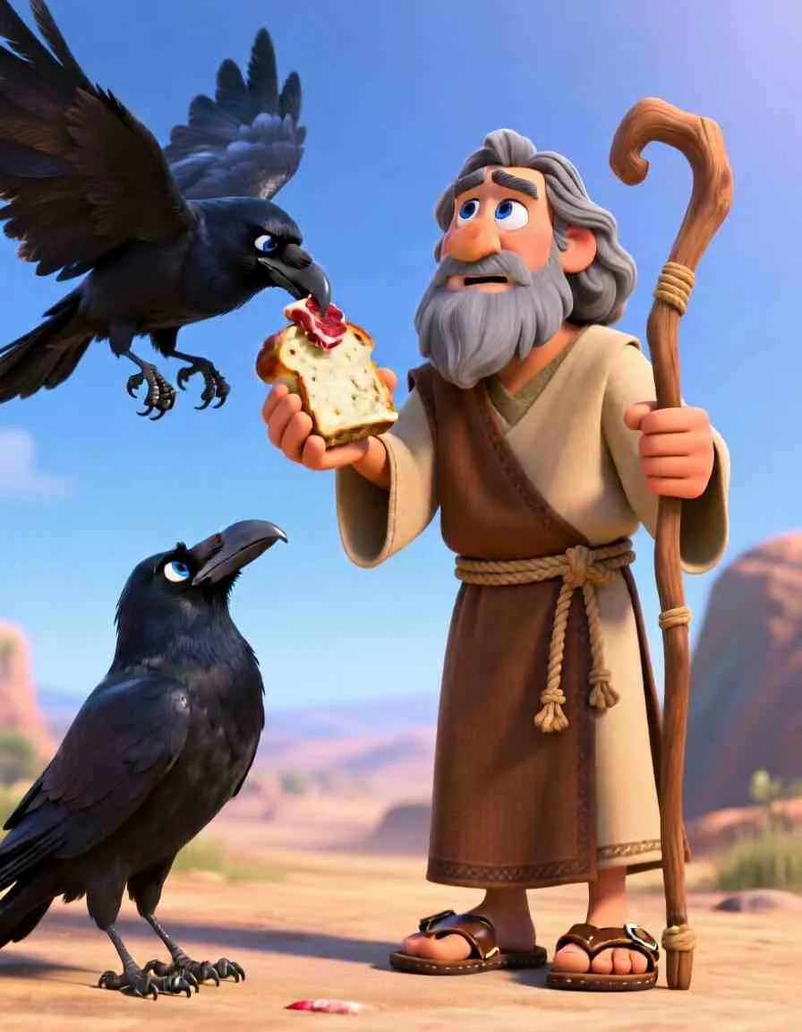 Cinematic 3D scene of several large black birds flying toward a man, carrying bread and meat in their beaks.