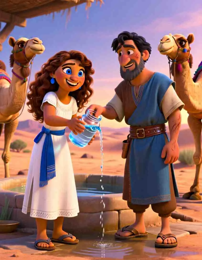 Cinematic 3D scene of Rebekah smiling while drawing water from a stone well for thirsty camels.