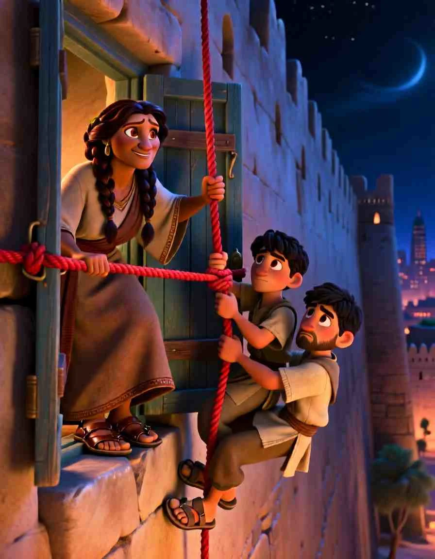 Heartwarming 3D illustration of a bright red rope hanging down from a stone window as a sign of faith and safety.