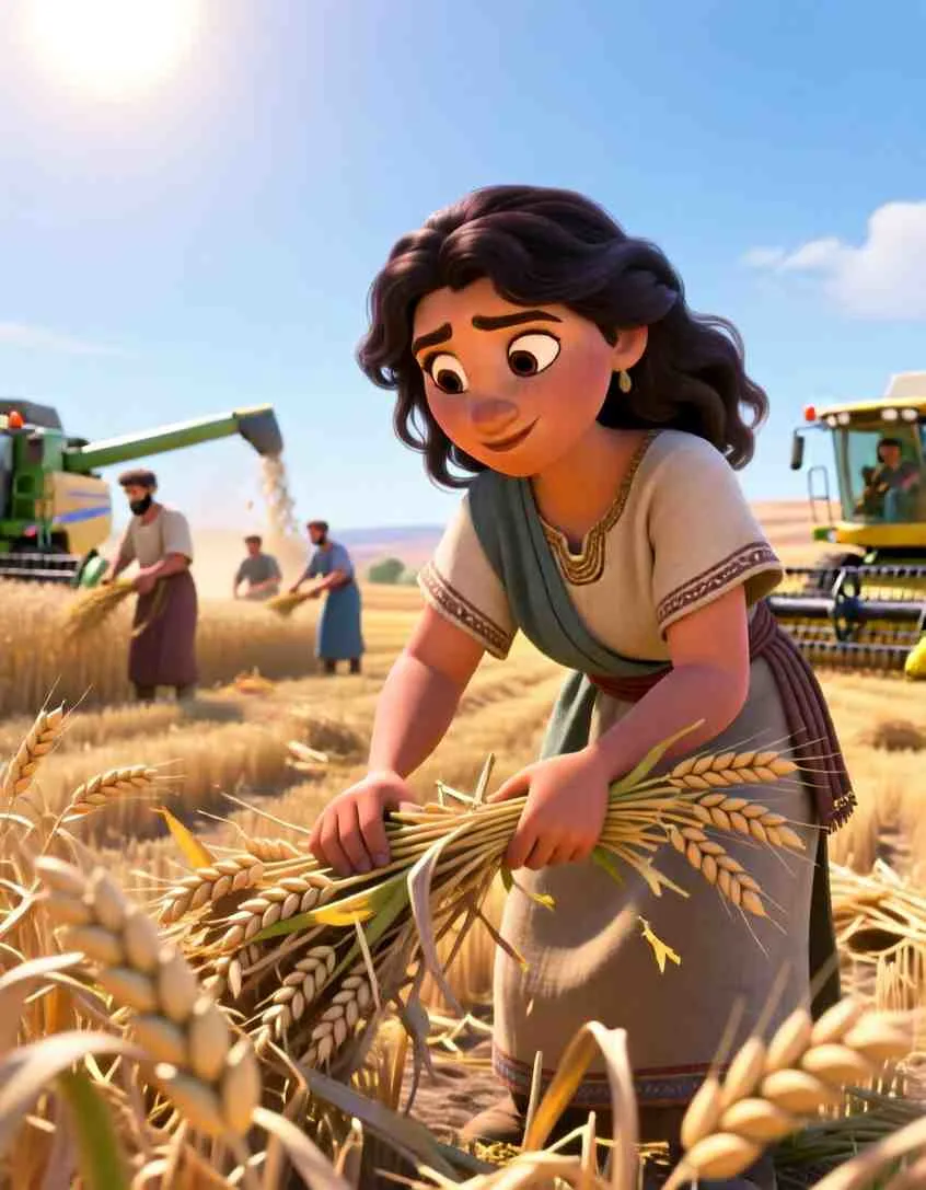 Cinematic 3D scene of Ruth gathering golden grain in a beautiful, sunlit harvest field.