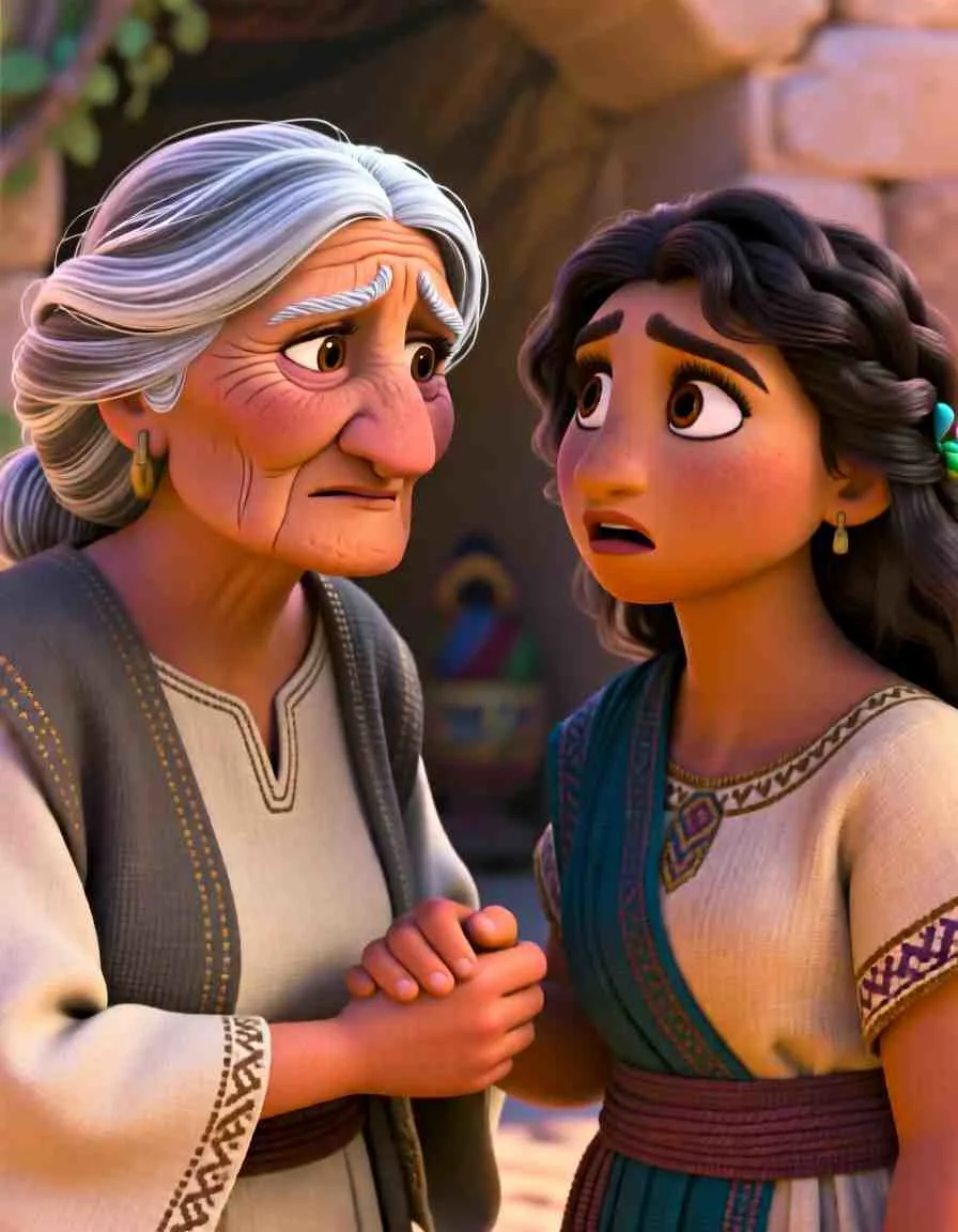 3D cartoon illustration of Ruth and Naomi walking together toward Bethlehem under a bright sky.