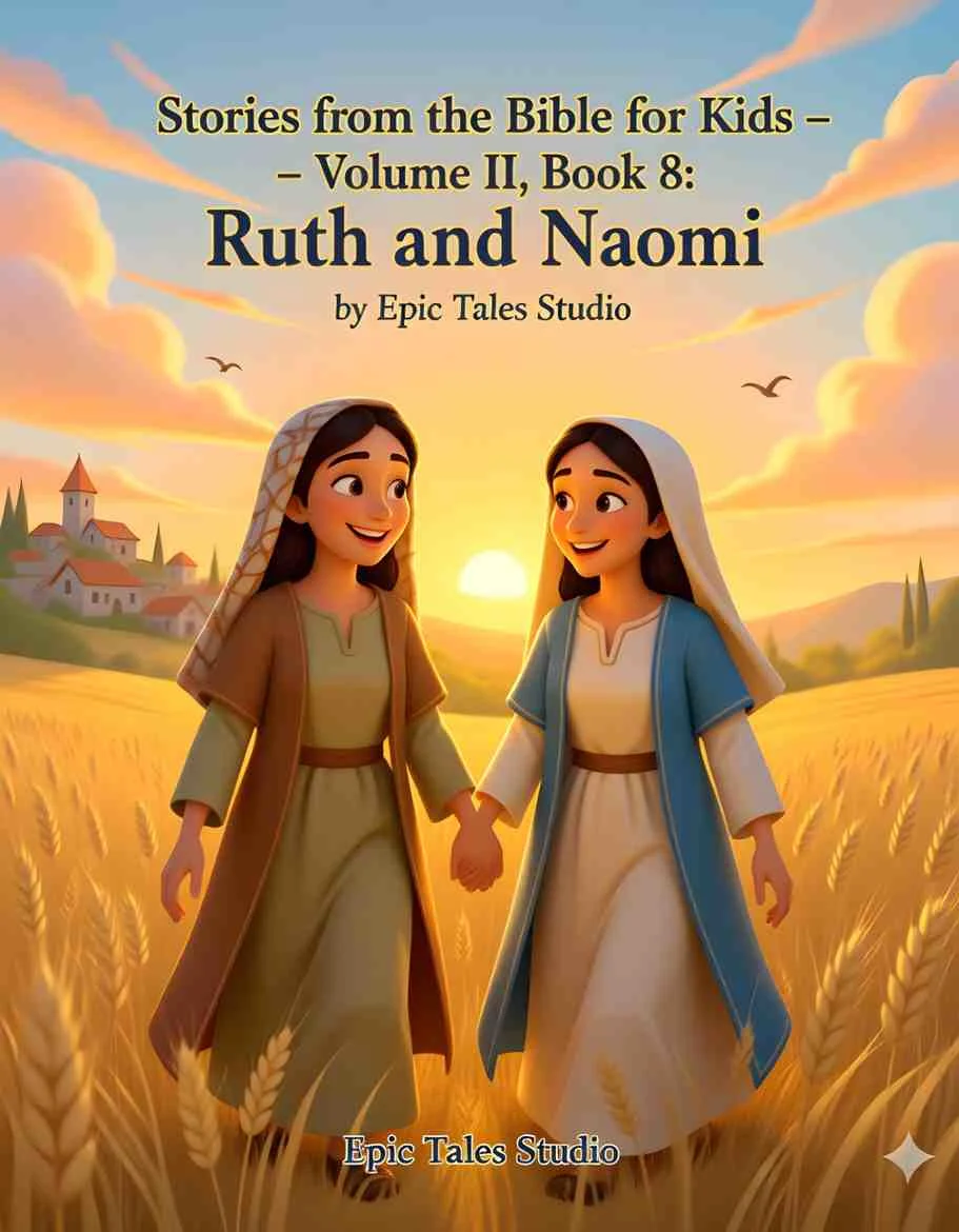 Front cover of Ruth and Naomi children's Bible story featuring 3D cinematic animation style.