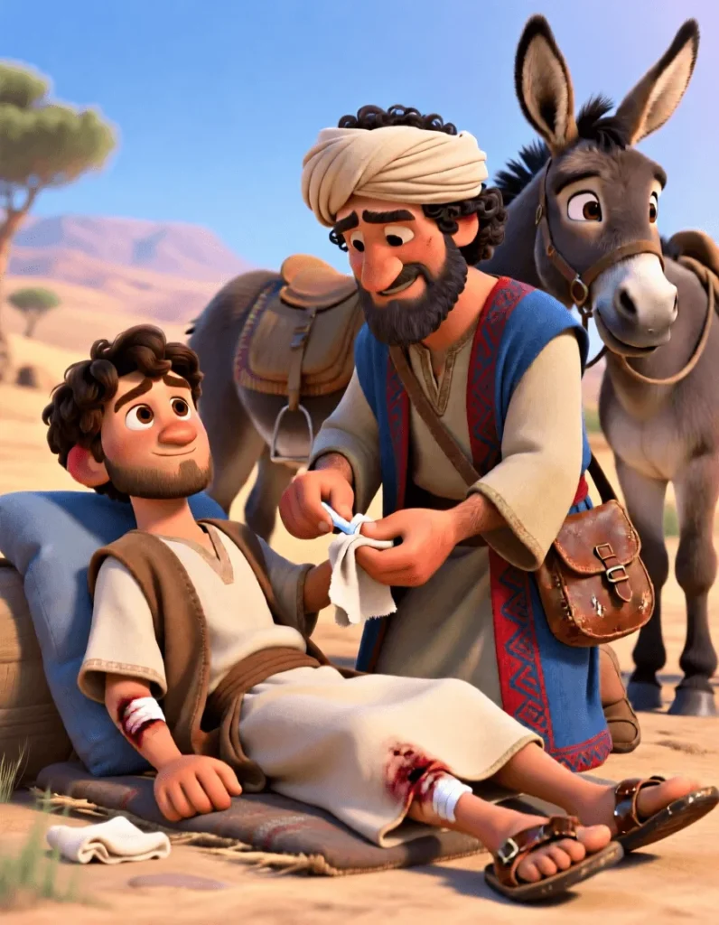 Cinematic 3D scene of the Good Samaritan kindly helping a traveler in need on the roadside.