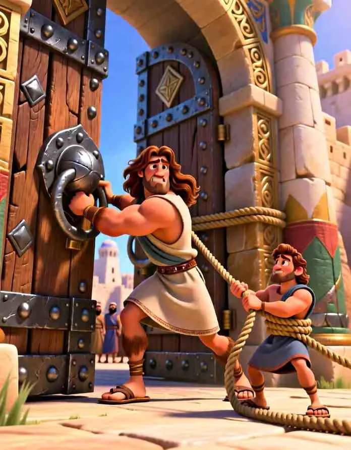 3D cartoon illustration of Samson easily lifting a pair of massive, heavy city gates over his head.