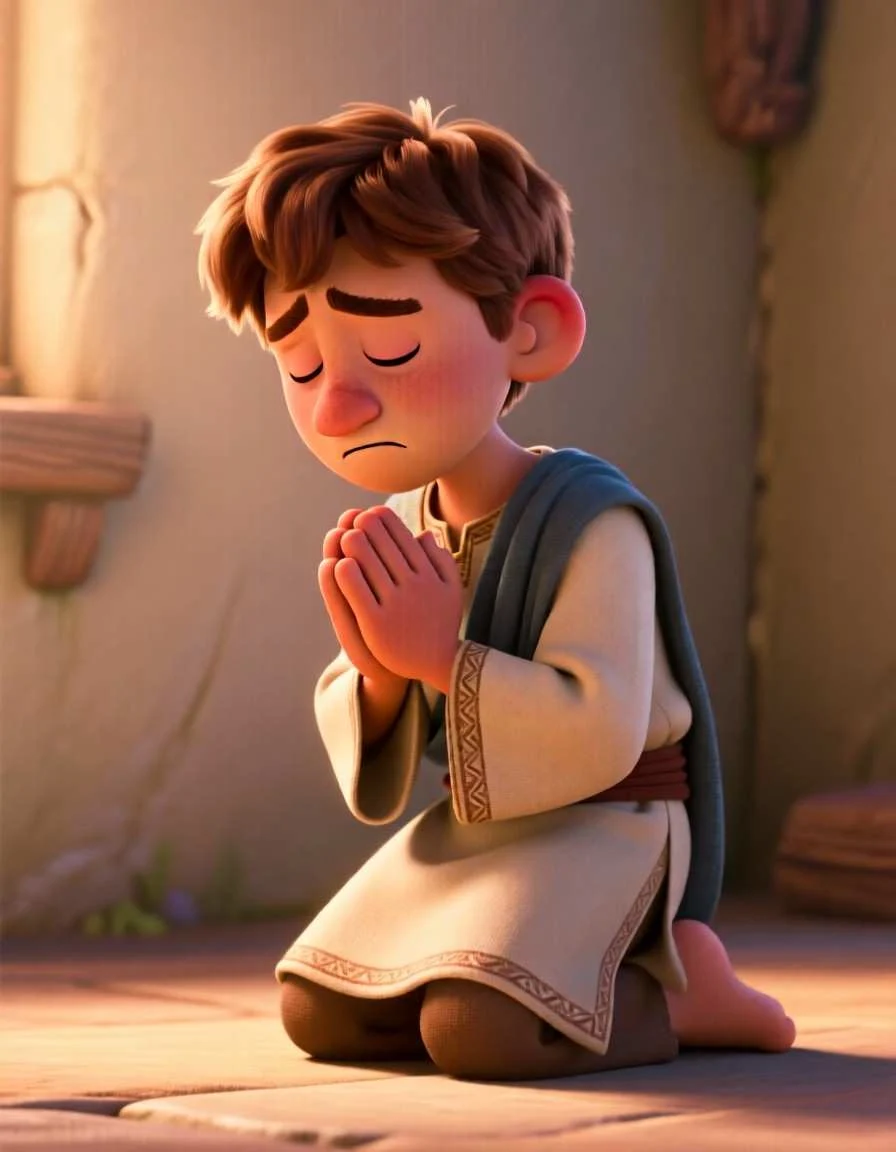 Cinematic 3D scene of Samson looking thoughtful and sorry for not making a wise choice with his secret.