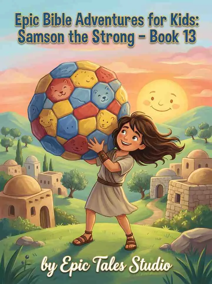 Front cover of Samson the Strong children's book featuring cinematic 3D art of the biblical hero.