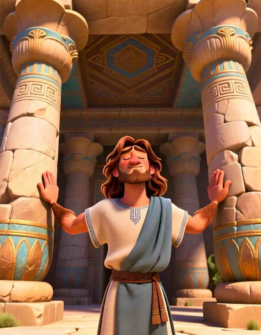 Heartwarming 3D illustration of Samson standing between two giant stone pillars, reaching out for God's help.