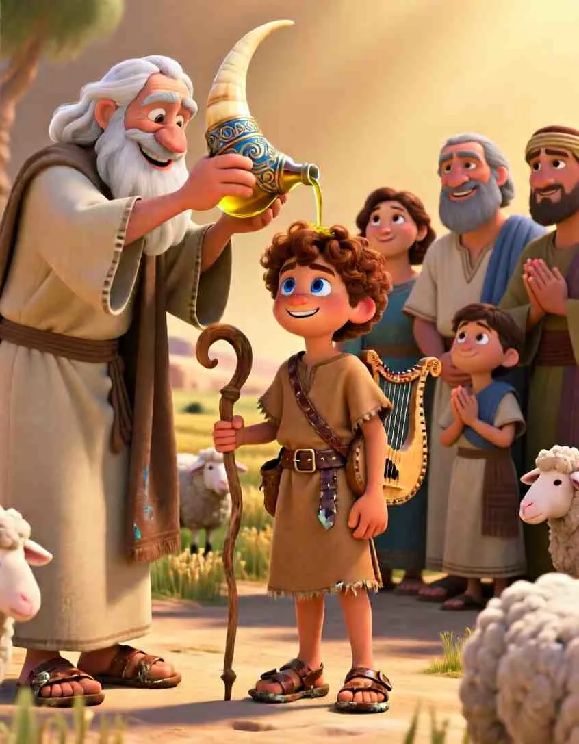 Cinematic 3D scene of a wise prophet pouring oil on a young boy's head as a sign of God's special choice.