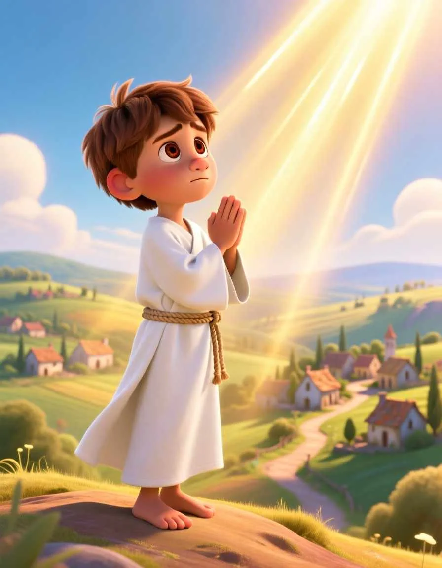 Heartwarming 3D illustration of Samuel praying with a peaceful and ready heart in the temple.