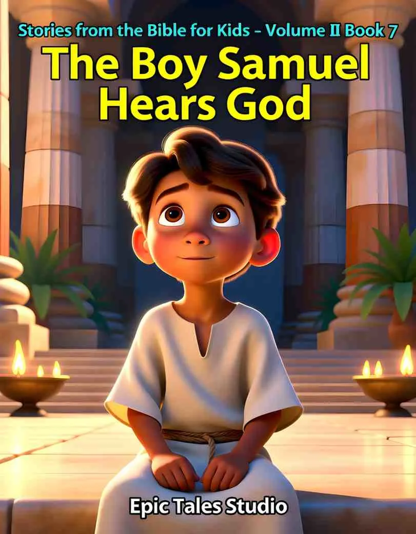 Front cover of The Boy Samuel Hears God children's Bible story featuring 3D cinematic art.