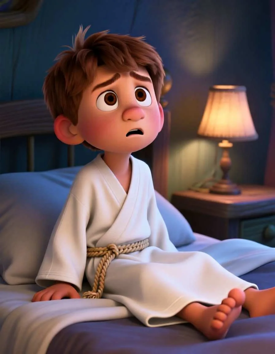 Cinematic 3D scene of a young boy sitting up in his bed at night, listening to a gentle voice.