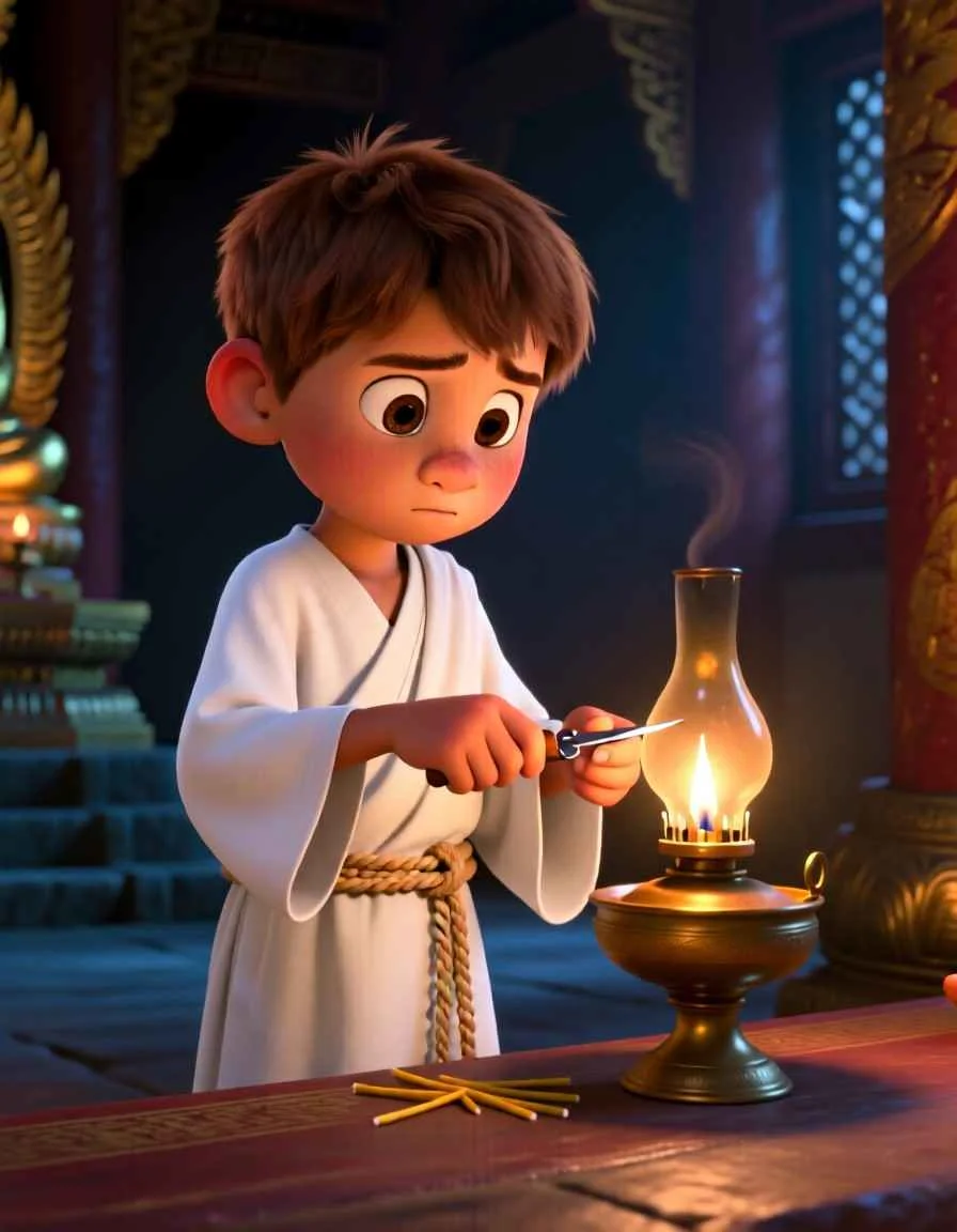 3D cartoon illustration of young Samuel helping a kind priest with golden lamps in a peaceful temple.