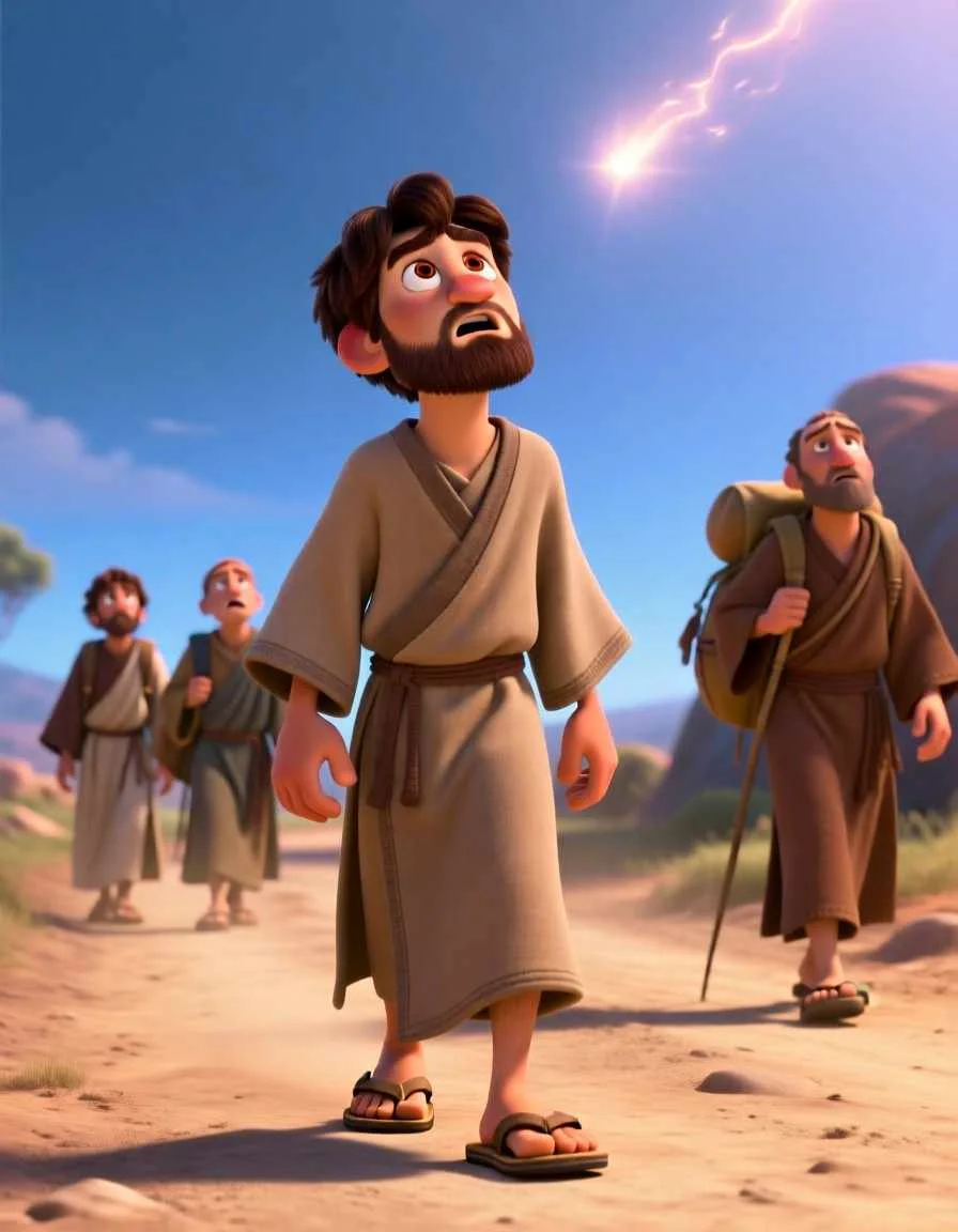 3D cartoon illustration of Saul and his companions traveling under a bright desert sun toward Damascus.