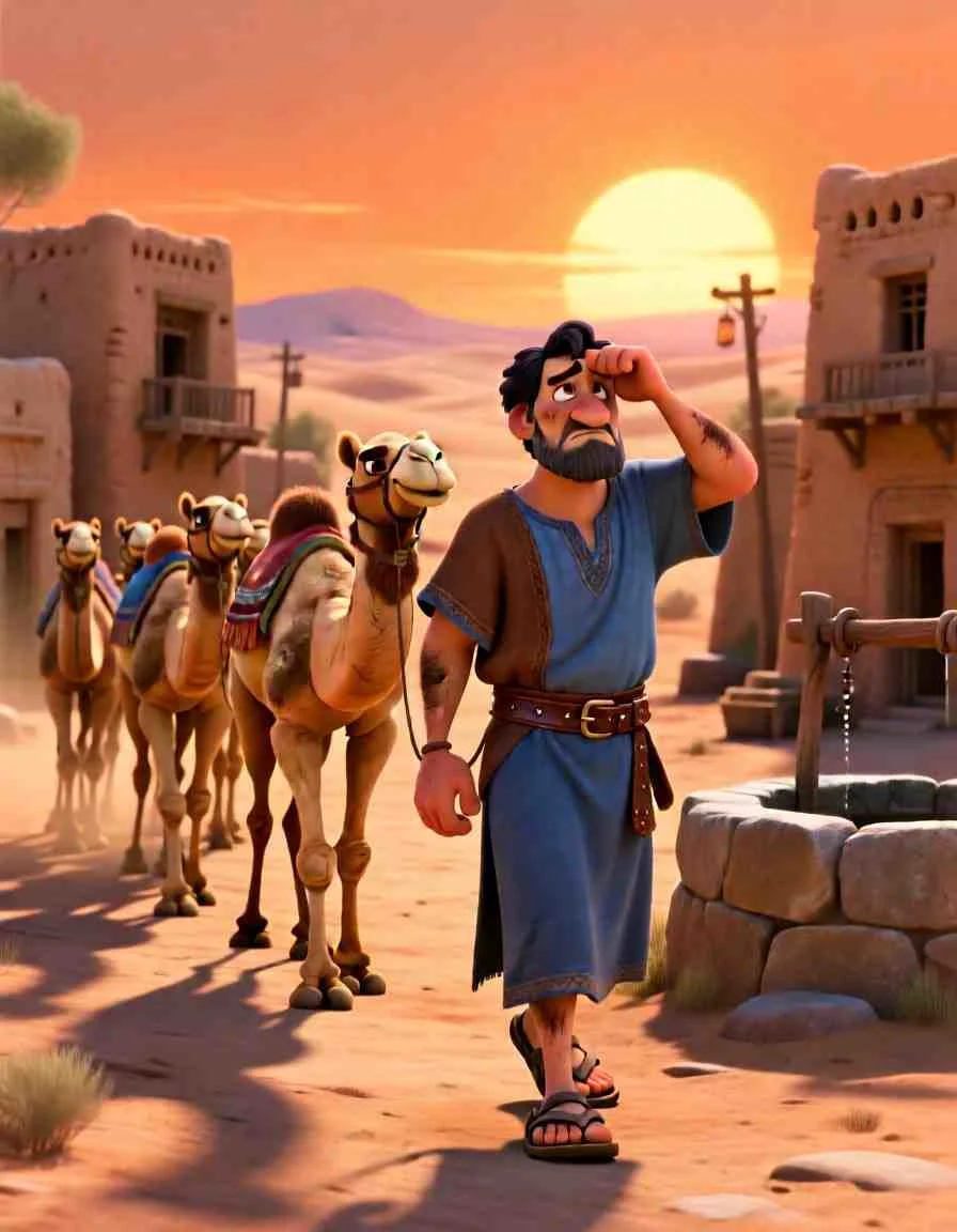 3D cartoon illustration of a servant leading ten camels through a vast, sun-drenched desert.