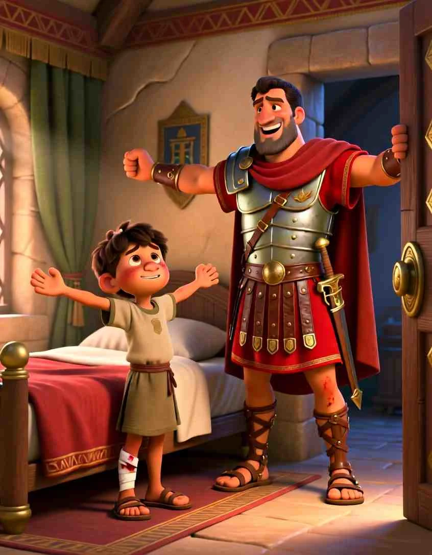 Heartwarming 3D illustration of a man standing up with joy, looking strong and healthy in a bright room.